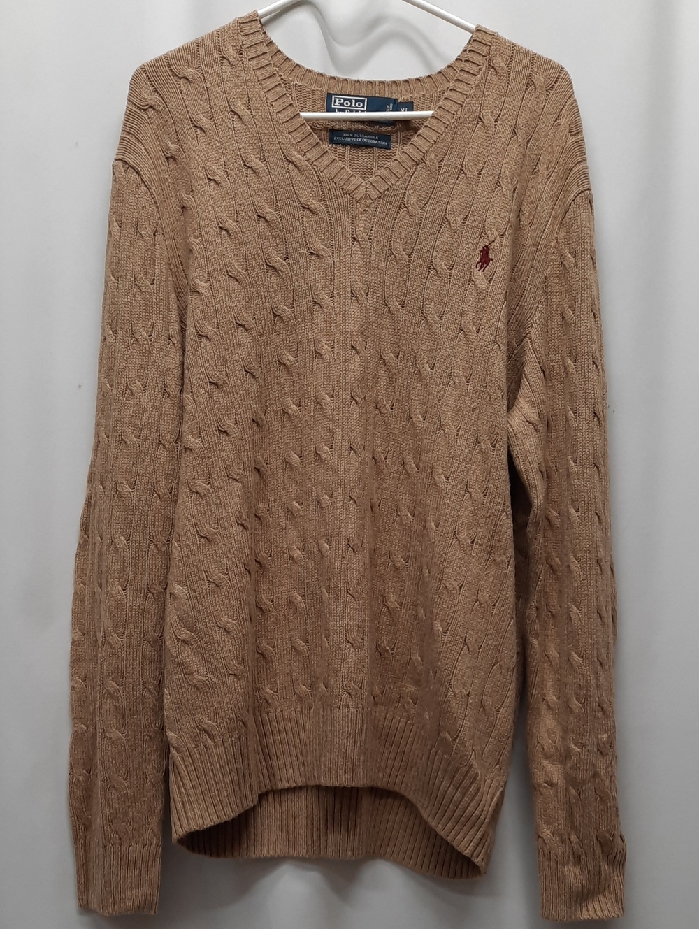 Polo by Ralph Lauren Mens XL Silk V-Neck Cable Knit Sweater Tan Casual Preppy